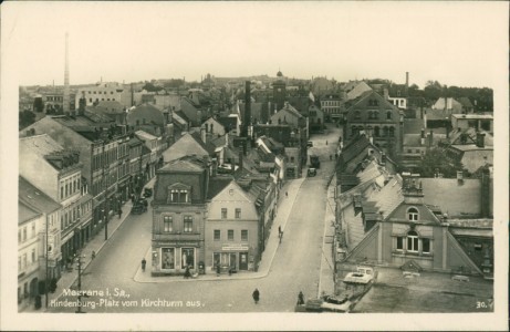 Alte Ansichtskarte Meerane i. Sa., Hindenburg-Platz vom Kirchturm aus