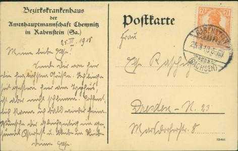 Adressseite der Ansichtskarte Rabenstein (Sa.), Bezirkskrankenhaus