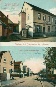 Alte Ansichtskarte Walldorf bei Frankfurt a. M. (Hessen), Gasthaus z. Löwen Inh. W. Jourdan VI., Blick in die Gartenstrasse