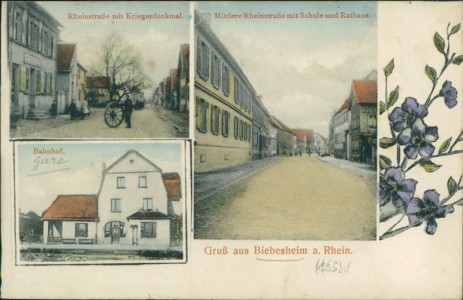 Alte Ansichtskarte Gruß aus Biebesheim a. Rhein, Rheinstraße mit Kriegerdenkmal, Bahnhof, Mittlere Rheinstraße mit Schule und Rathaus