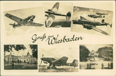 Alte Ansichtskarte Wiesbaden, Mehrbildkarte mit Kampfflugzeugen