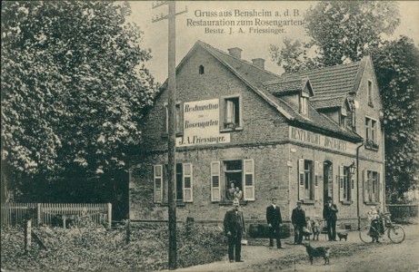 Alte Ansichtskarte Gruss aus Bensheim a. d. B., Restauration zum Rosengarten Besitz. . A. Friessinger