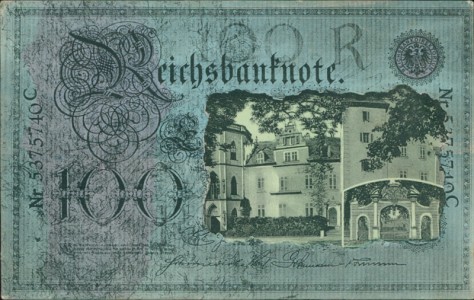 Alte Ansichtskarte Bad Nassau, Reichsbanknote mit Schloss u. Geburtshaus des Freiherrn vom u. zum Stein