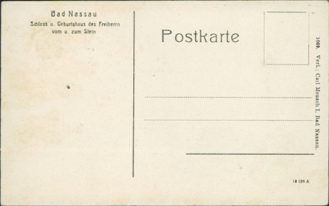 Adressseite der Ansichtskarte Bad Nassau, Reichsbanknote mit Schloss u. Geburtshaus des Freiherrn vom u. zum Stein