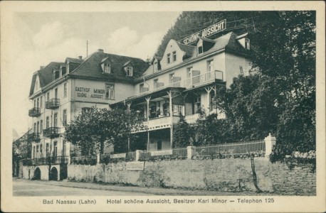 Alte Ansichtskarte Bad Nassau (Lahn), Hotel schöne Aussicht, Besitzer Karl Minor - Telephon 125