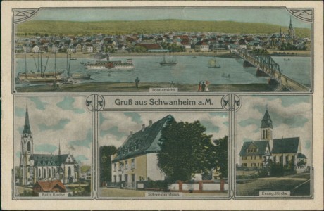 Alte Ansichtskarte Gruß aus Schwanheim a. M., Totalansicht, Kath. Kirche, Schwesternhaus, Evang. Kirche