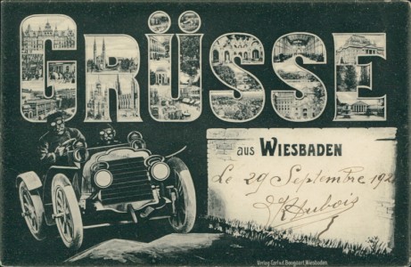 Alte Ansichtskarte Grüsse aus Wiesbaden, Automobil
