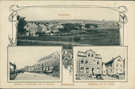 Alte Ansichtskarte Birlenbach, Totalansicht, Bäckerei u. Wirtschaft von W. Schmidt, Handlung von H. Kröller