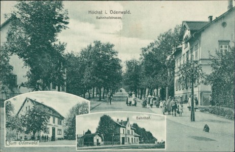 Alte Ansichtskarte Höchst i. Odenwald, Bahnhofstrasse, Gasthaus Zum Odenwald, Bahnhof