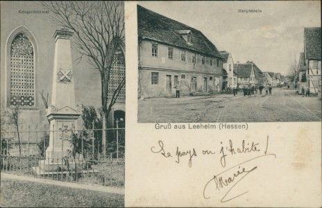 Alte Ansichtskarte Gruß aus Leeheim (Riedstadt), Kriegerdenkmal, Hauptstraße
