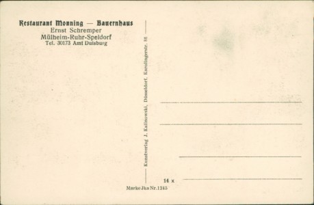 Adressseite der Ansichtskarte Mülheim-Ruhr-Speldorf, Restaurant Monning - Bauernhaus