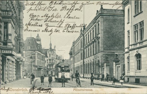 Alte Ansichtskarte Osnabrück, Möserstrasse mit Straßenbahn Linie Hauptbahnhof