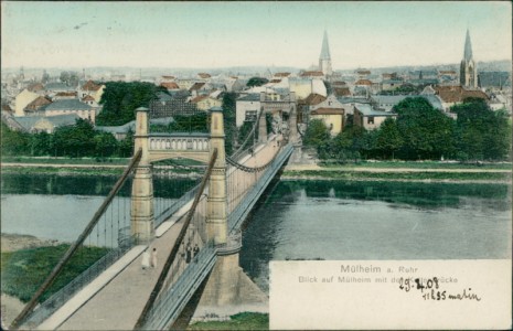 Alte Ansichtskarte Mülheim a. Ruhr, Blick auf Mülheim mit der Kettenbrücke
