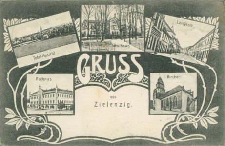 Alte Ansichtskarte Gruss aus Zielenzig (Sulęcin), Total-Ansicht, Schulhaus, Langestr., Rathaus, Kirche