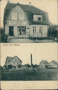 Alte Ansichtskarte Gruß aus Nilbau (Nielubia), Kolonialwaren Zigarren Emil Schindler