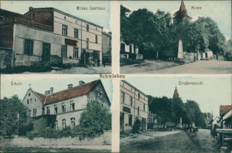 Alte Ansichtskarte Schwieben (Świbie), Blidas Gasthaus, Kirche, Schule, Straßenansicht