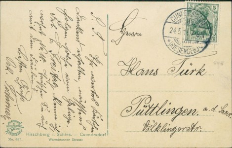 Adressseite der Ansichtskarte Hirschberg i. Schl. - Cunnersdorf (Jelenia Góra), Warmbrunner Strasse