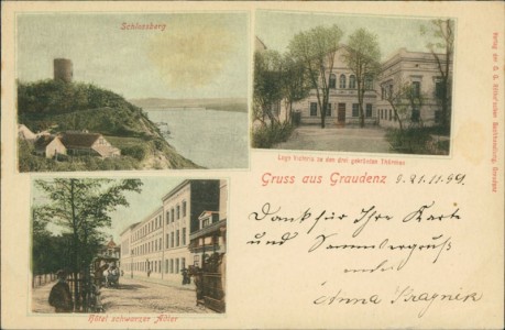 Alte Ansichtskarte Gruss aus Graudenz, Loge Victoria zu den drei gekrönten Thürmen, Hotel schwarzer Adler