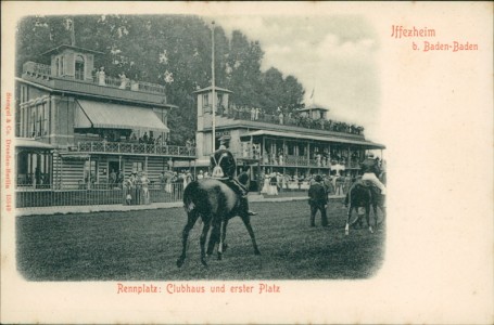 Alte Ansichtskarte Iffezheim, Rennplatz: Clubhaus und erster Platz