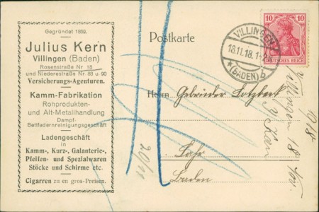 Adressseite der Ansichtskarte Villingen, Julius Kern, Rosenstraße Nr. 18, Kamm-Fabrikation