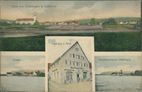Alte Ansichtskarte Öhningen, Stiegen, Kaufhaus J. Ritzl, Dampfbootstation