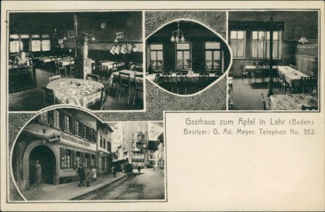 Alte Ansichtskarte Lahr/Schwarzwald, Gasthaus zum Apfel Besitzer: G. Ad. Meyer. Telephon No. 352
