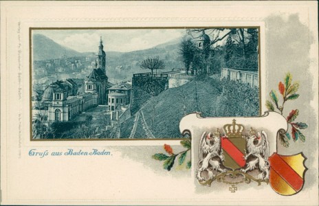 Alte Ansichtskarte Baden-Baden, Teilansicht mit Kirche, Wappen