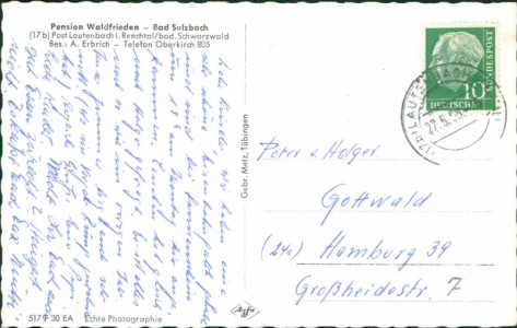 Adressseite der Ansichtskarte Lautenbach-Bad Sulzbach, Pension Waldfrieden