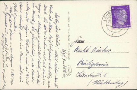 Adressseite der Ansichtskarte Lahr/Schwarzwald, Geroldsecker Vorstadt