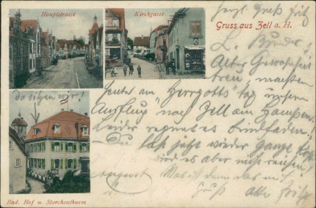 Alte Ansichtskarte Zell am Harmersbach, Hauptstrasse, Kirchgasse, Bad. Hof u. Storchenturm