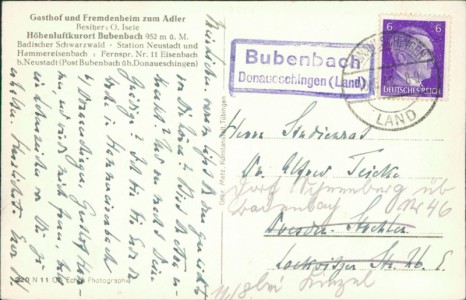 Adressseite der Ansichtskarte Eisenbach (Hochschwarzwald)-Bubenbach, Gasthaf und Fremdenheim zum Adler