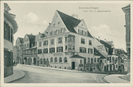 Alte Ansichtskarte Donaueschingen, Ecke Karl- u. Zeppelinstrasse