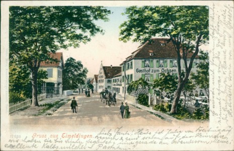 Alte Ansichtskarte Gruss aus Eimeldingen, Teilansicht mit Gasthof zum Ochsen