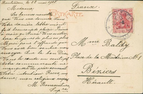 Adressseite der Ansichtskarte Berkheim-Bonlanden, Zur Erinnerung an das 50 jährige Jubiläum des Kloster-Instituts Bonlanden 1856-1906