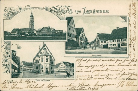 Alte Ansichtskarte Gruss aus Langenau, Partie b. d. Kirche, Marktplatz, Partie b. d. Rathaus