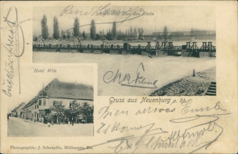 Alte Ansichtskarte Gruss aus Neuenburg a. Rh., Schiffbrücke über den Rhein, Hotel Witz