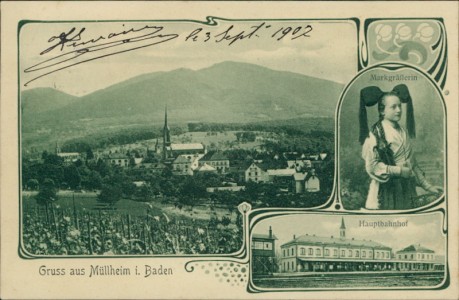 Alte Ansichtskarte Gruss aus Müllheim i. Baden, Markgräflerin, Hauptbahnhof