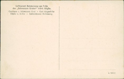 Adressseite der Ansichtskarte Isny im Allgäu-Bolsternang, Gesamtansicht, Heilstätte Ueberruh, Gasthaus zum Schwarzen Grat