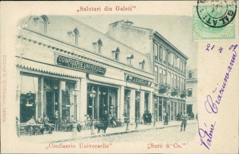Alte Ansichtskarte Salutari din Galati, Confiserie Universelle, Suré & Co.