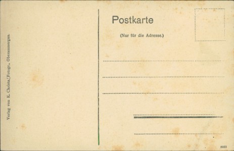 Adressseite der Ansichtskarte Oberammergau, Pension von Mathias Gsteiger, Metzgermeister
