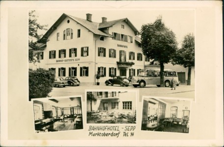 Alte Ansichtskarte Marktoberdorf, Bahnhofhotel Sepp, VW-Käfer