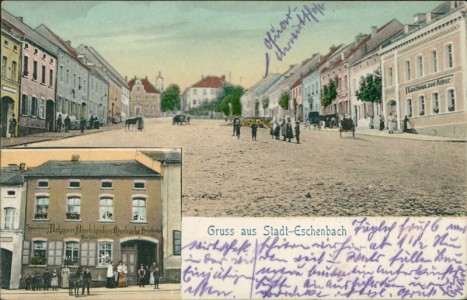 Alte Ansichtskarte Gruss aus Stadt-Eschenbach, Platz, Metzgerei Bierschenke & Garküche Hans Müller