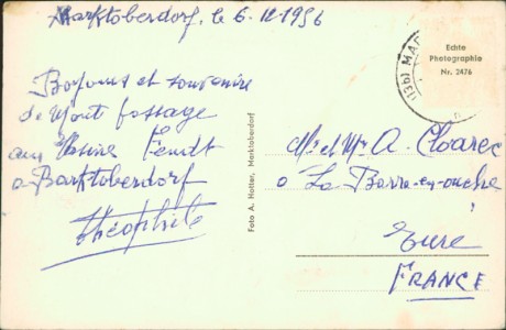 Adressseite der Ansichtskarte Marktoberdorf, Bahnhofhotel Sepp, VW-Käfer