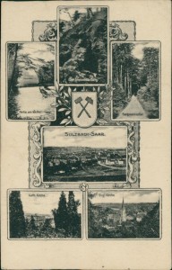 Alte Ansichtskarte Sulzbach-Saar, Der brennende Berg, Partie am Weiher, Bergmannspfad, Kath. Kirche, Evgl. Kirche