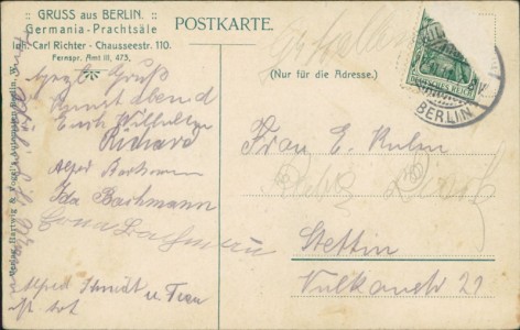 Adressseite der Ansichtskarte Berlin, Chausseestr. 110, Germania-Prachtsäle Inh. Carl Richter