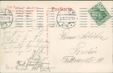 Adressseite der Ansichtskarte Berlin W. 8, Leipzigerstr. 19, Café Klose, Inhaber Kupky