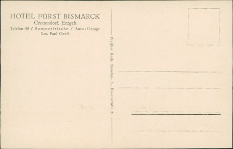 Adressseite der Ansichtskarte Crottendorf, Erzgeb., Hotel Fürst Bismarck