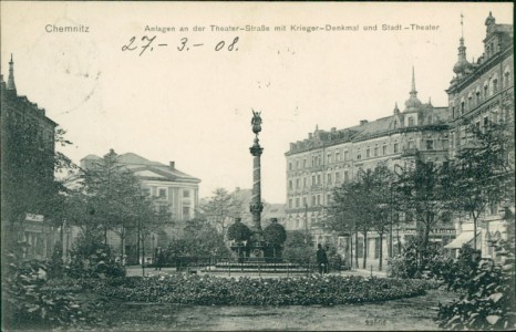 Alte Ansichtskarte Chemnitz, Anlagen an der Theater-Straße mit Krieger-Denkmal und Stadt-Theater