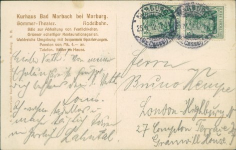 Adressseite der Ansichtskarte Bad Marbach bei Marburg, Kurhaus