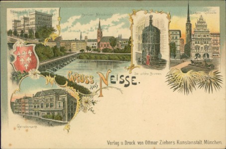 Alte Ansichtskarte Neisse / Nysa, Kriegsschule, Berliner Neissbrücke, Der schöne Brunnen, Kämmerei-Gebäude, Getreidemarkt